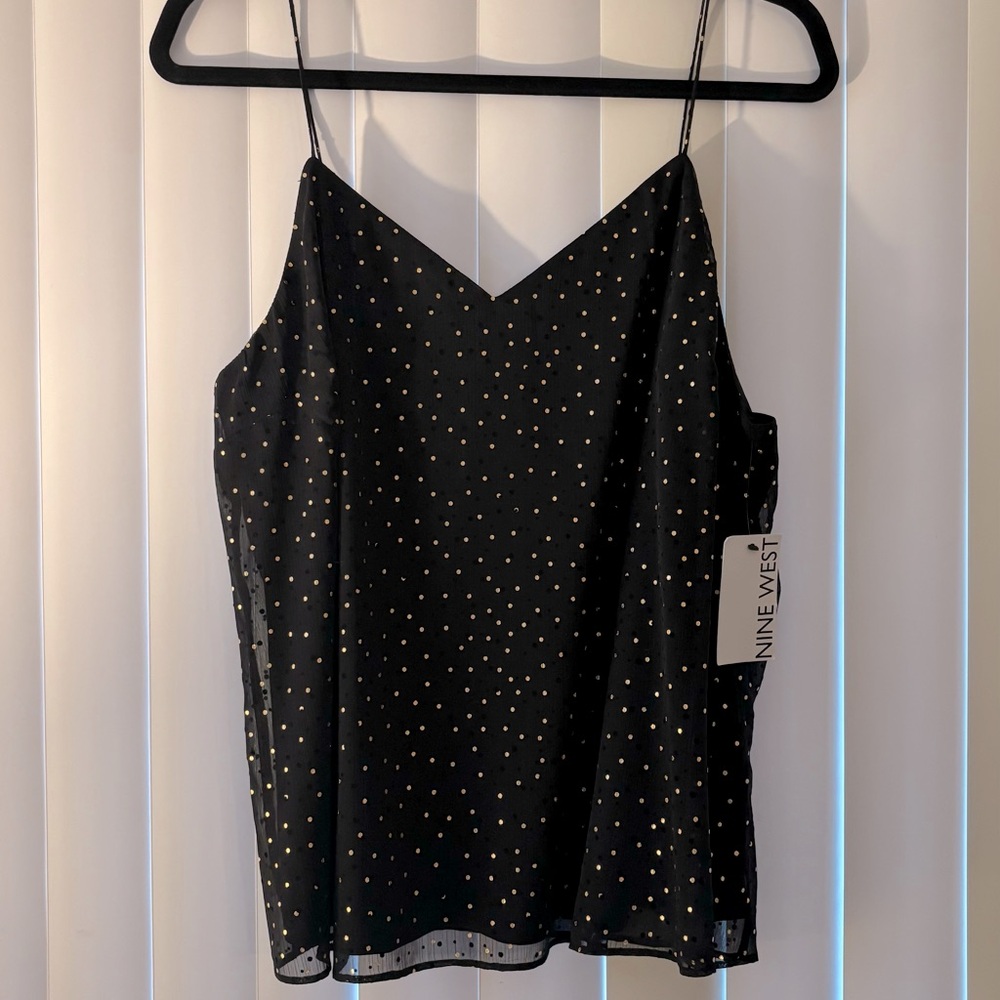 Nine West Camisole Tank Top Blouse Black with Gold Dots Size Large